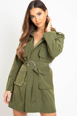 Khaki Utility Belted Zip Front Shirt Dress - Meliyah-Dresses