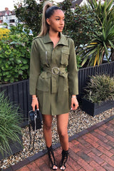 Khaki Utility Belted Zip Front Shirt Dress - Meliyah-Dresses