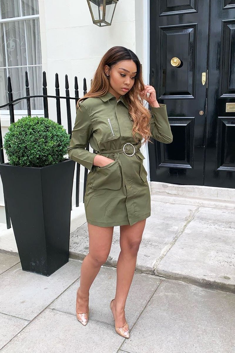 Khaki Utility Belted Zip Front Shirt Dress - Meliyah-Dresses