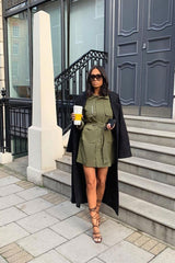 Khaki Utility Belted Zip Front Shirt Dress - Meliyah-Dresses