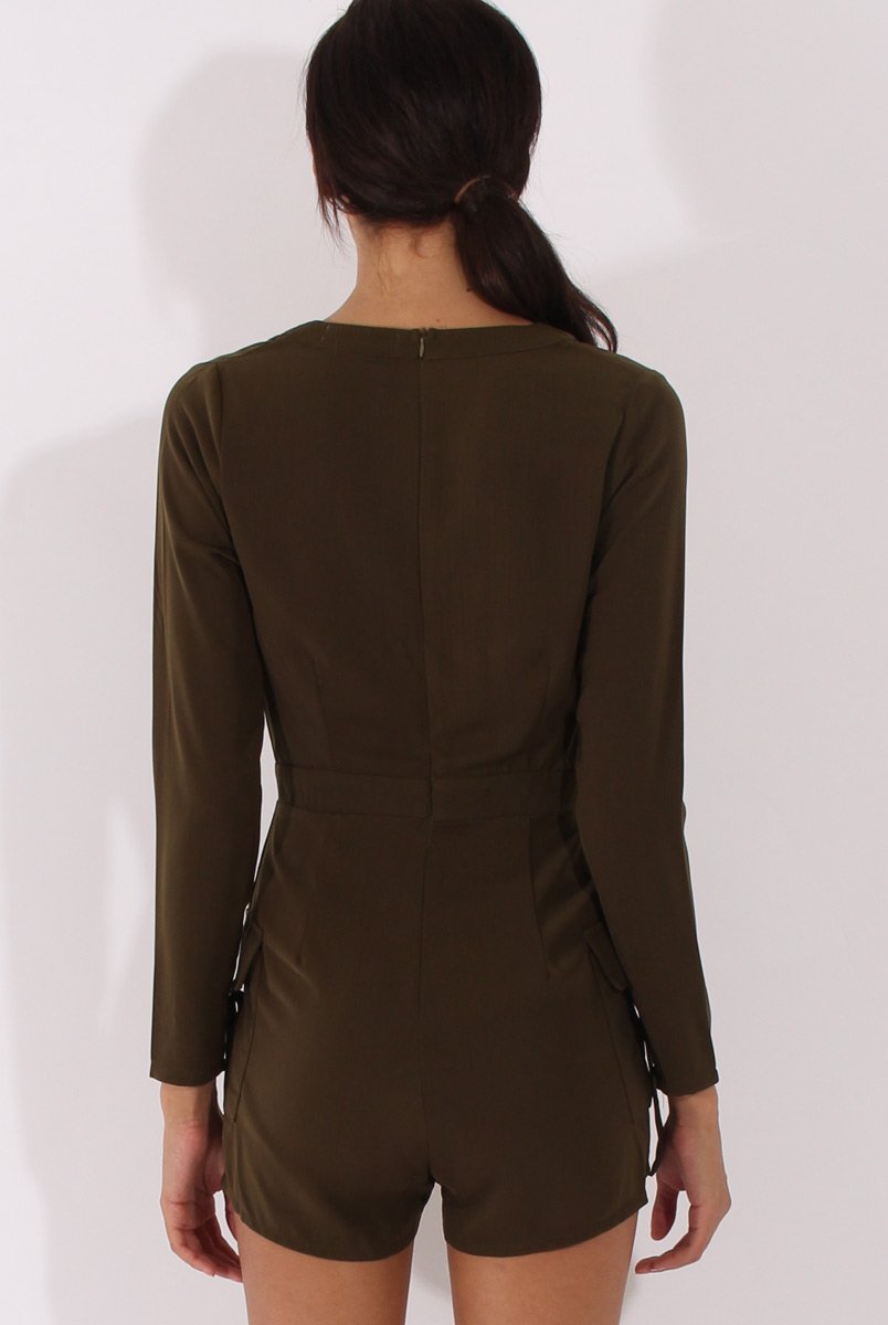 Khaki Utility Plunge Playsuit - Bethan-Playsuits