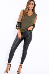 Khaki V Neck Jumper with Mesh Ruffled Sleeves - Amirah-Jumper