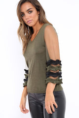 Khaki V Neck Jumper with Mesh Ruffled Sleeves - Amirah-Jumper