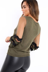 Khaki V Neck Jumper with Mesh Ruffled Sleeves - Amirah-Jumper