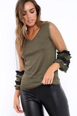 Khaki V Neck Jumper with Mesh Ruffled Sleeves - Amirah-Jumper