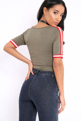 Khaki V Neck Tee with Contrast Sleeve Trim - Meryl-Tops