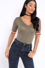 Khaki V Neck Tee with Contrast Sleeve Trim - Meryl-Tops