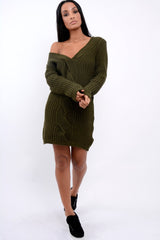 Khaki V Neck Twist Knit Jumper Dress - Tilly-Jumper