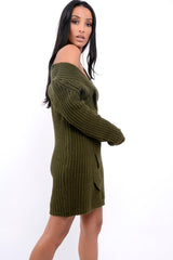 Khaki V Neck Twist Knit Jumper Dress - Tilly-Jumper