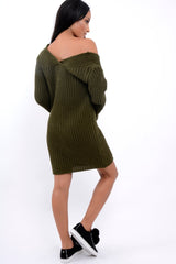 Khaki V Neck Twist Knit Jumper Dress - Tilly-Jumper