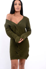 Khaki V Neck Twist Knit Jumper Dress - Tilly-Jumper