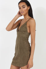 Khaki V Plunge Bodycon Mini Dress - Gwen-Dresses