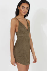 Khaki V Plunge Bodycon Mini Dress - Gwen-Dresses