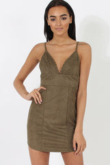 Khaki V Plunge Bodycon Mini Dress - Gwen-Dresses