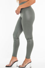 Khaki Wet Look High Waist Leggings - Imogen-Leggings
