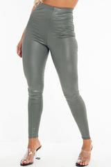 Khaki Wet Look High Waist Leggings - Imogen-Leggings