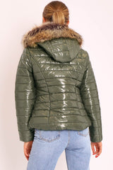 Khaki Wet Look Puffer Coat - Soph-Coats