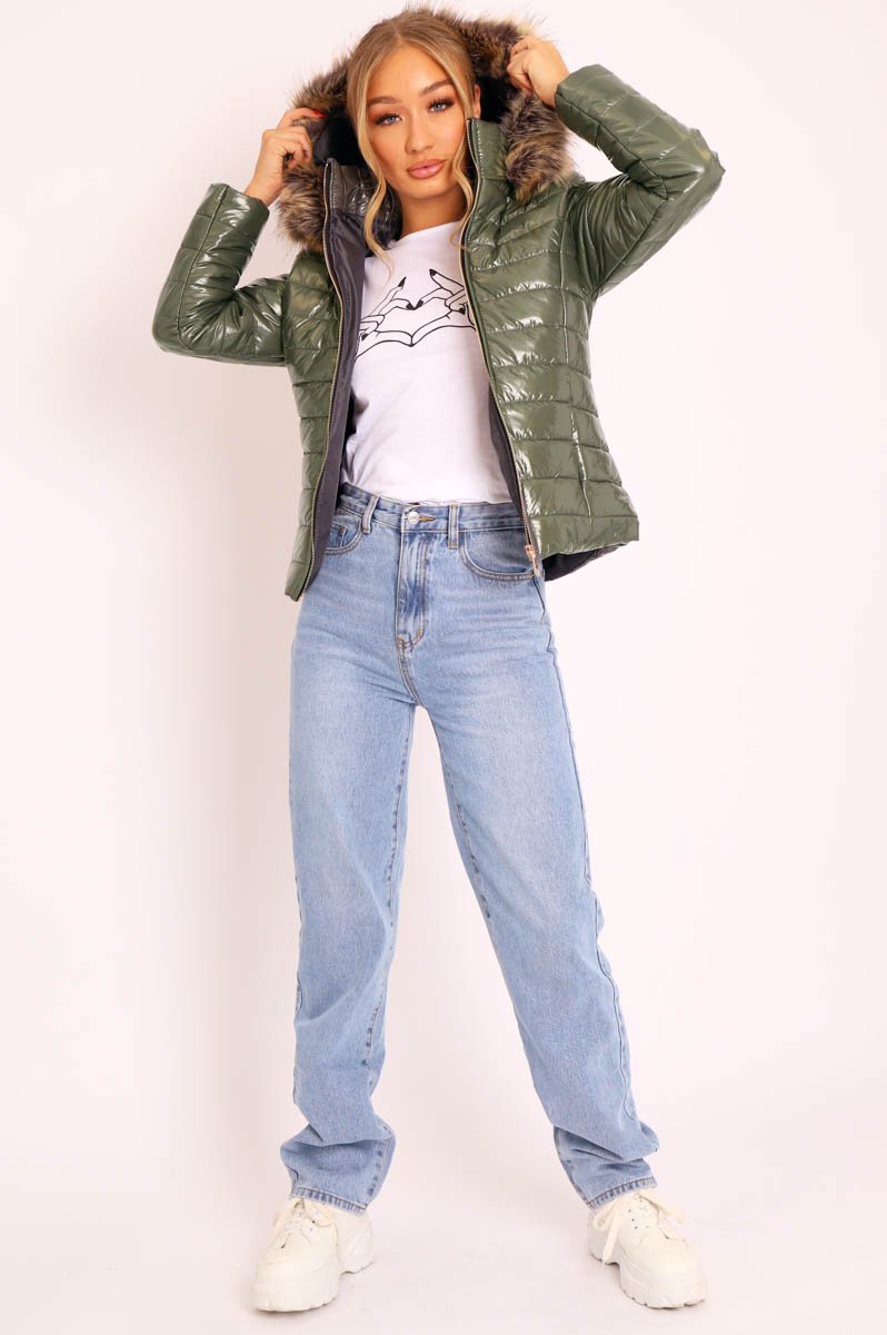 Khaki Wet Look Puffer Coat - Soph-Coats