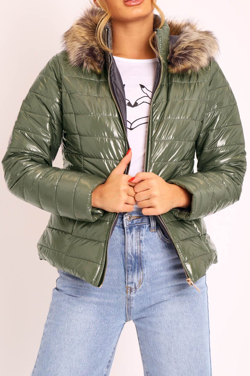 Khaki Wet Look Puffer Coat - Soph-Coats