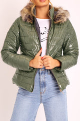 Khaki Wet Look Puffer Coat - Soph-Coats
