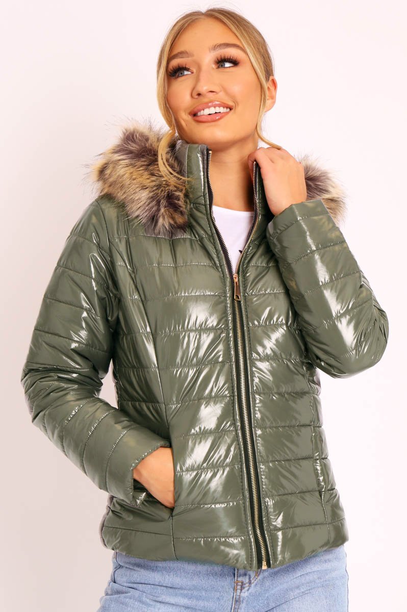 Khaki Wet Look Puffer Coat - Soph-Coats