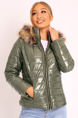 Khaki Wet Look Puffer Coat - Soph-Coats