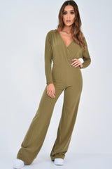 Khaki Wide Leg Rib Plunge Jersey Jumpsuit - Tarlia-Jumpsuits