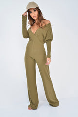 Khaki Wide Leg Rib Plunge Jersey Jumpsuit - Tarlia-Jumpsuits