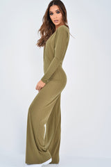 Khaki Wide Leg Rib Plunge Jersey Jumpsuit - Tarlia-Jumpsuits