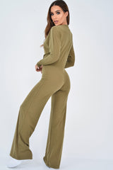 Khaki Wide Leg Rib Plunge Jersey Jumpsuit - Tarlia-Jumpsuits