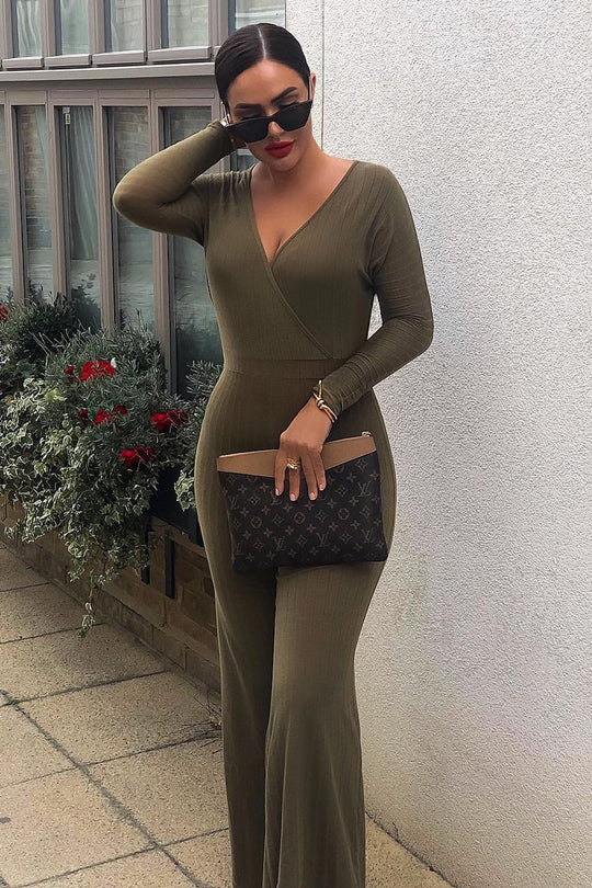 Khaki Wide Leg Rib Plunge Jersey Jumpsuit - Tarlia