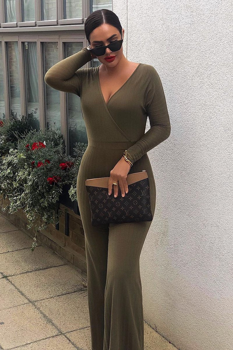 Khaki Wide Leg Rib Plunge Jersey Jumpsuit - Tarlia-Jumpsuits