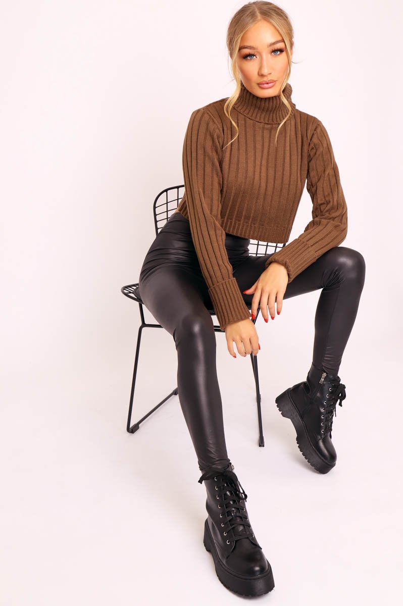 Khaki Wide Rib Roll Neck Jumper - Joyanna-Jumper