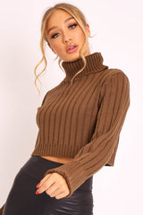 Khaki Wide Rib Roll Neck Jumper - Joyanna-Jumper