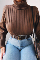 Khaki Wide Rib Roll Neck Jumper - Joyanna-Jumper