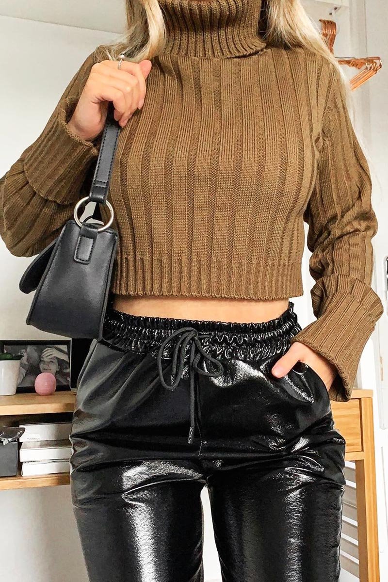 Khaki Wide Rib Roll Neck Jumper - Joyanna-Jumper