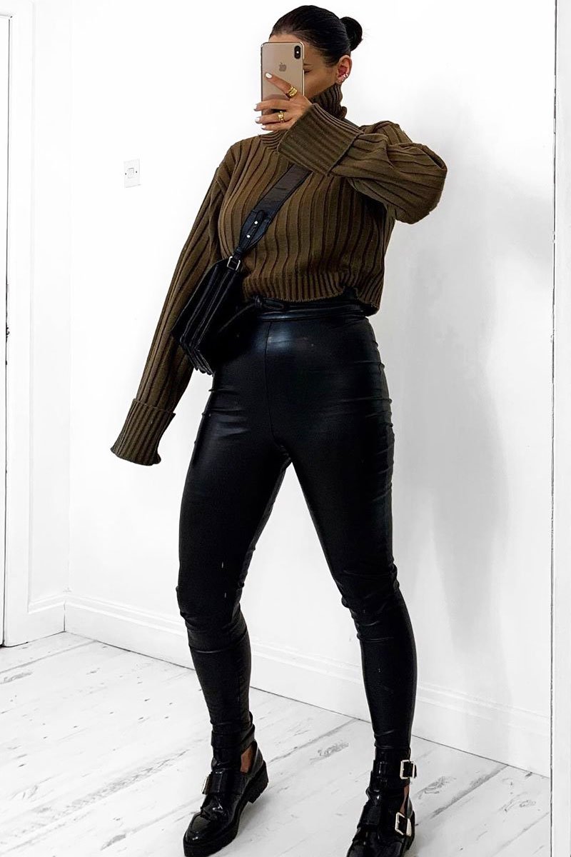 Khaki Wide Rib Roll Neck Jumper - Joyanna-Jumper