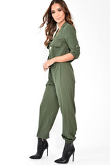 Khaki Woven Button Down Boiler Jumpsuit - Janise-Jumpsuits