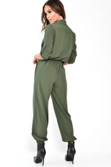 Khaki Woven Button Down Boiler Jumpsuit - Janise-Jumpsuits