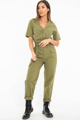 Khaki Woven Button Front Belted Jumpsuit - Suzanna-Jumpsuits