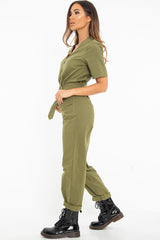 Khaki Woven Button Front Belted Jumpsuit - Suzanna-Jumpsuits