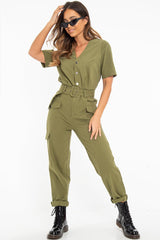 Khaki Woven Button Front Belted Jumpsuit - Suzanna-Jumpsuits