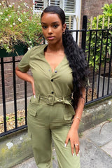 Khaki Woven Button Front Belted Jumpsuit - Suzanna-Jumpsuits