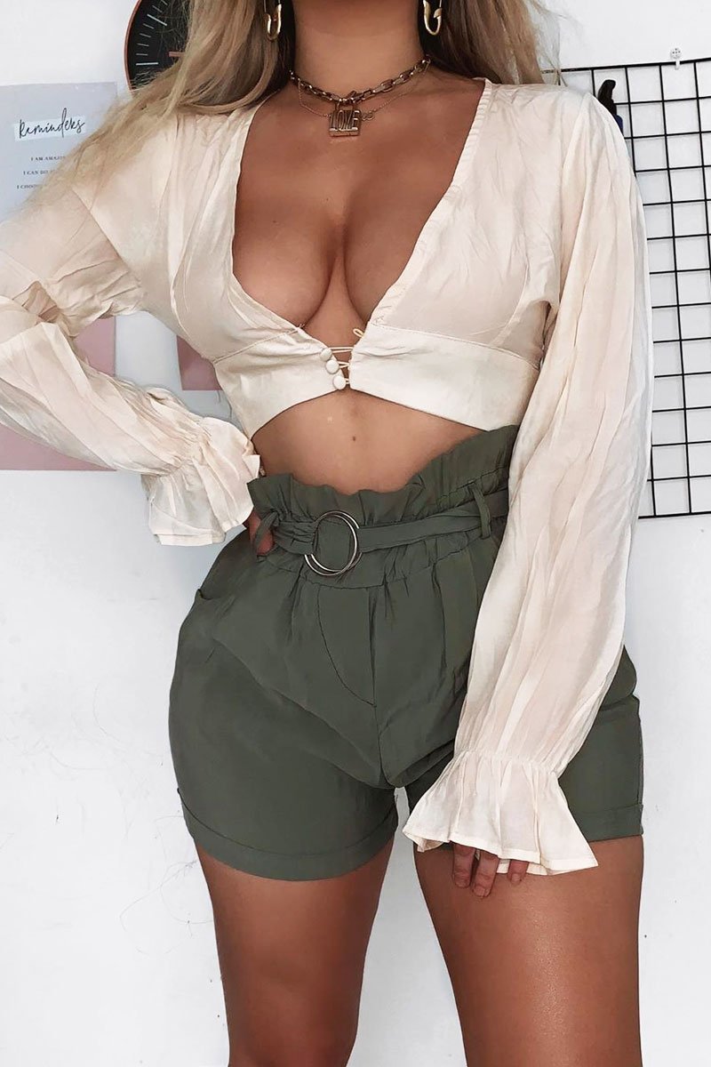Khaki Woven O Ring Paperbag Waist Shorts - Carmin-Shorts