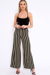 Khaki and Beige Striped High Waist Wide Leg Trousers - Clarabell-Trousers