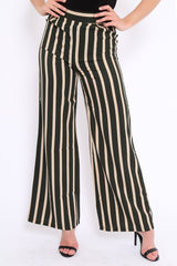 Khaki and Beige Striped High Waist Wide Leg Trousers - Clarabell-Trousers