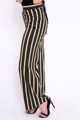 Khaki and Beige Striped High Waist Wide Leg Trousers - Clarabell-Trousers