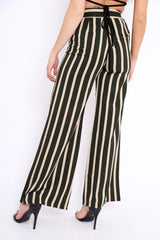 Khaki and Beige Striped High Waist Wide Leg Trousers - Clarabell-Trousers