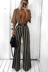 Khaki and Beige Striped High Waist Wide Leg Trousers - Clarabell-Trousers