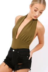Khaki plunge Halterneck Bodysuit - Lona-Bodysuits